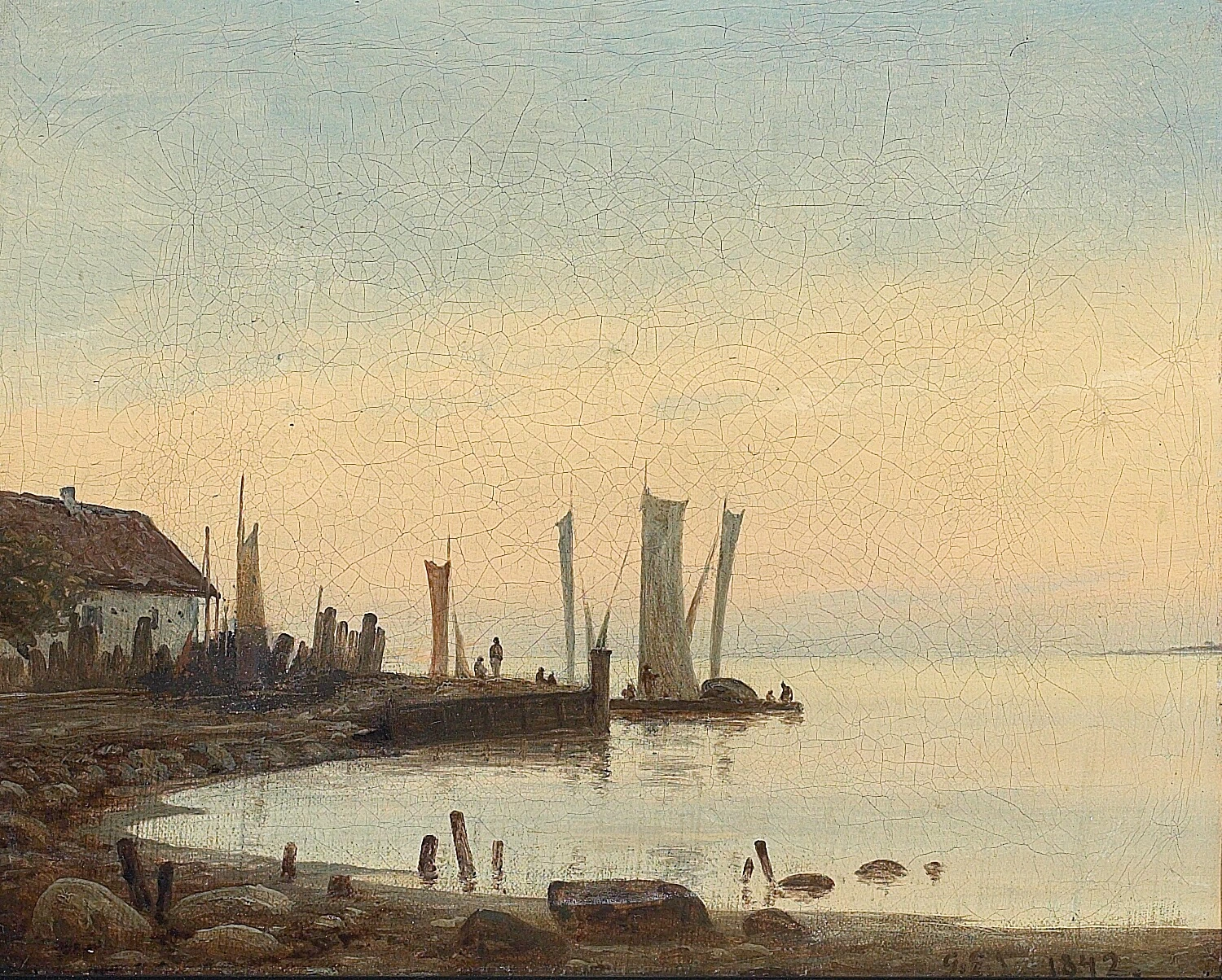 Persone e barche sull'acqua, la mattina presto, 1842